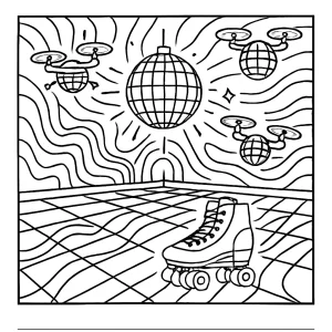 Patinoire disco holographique avec drones-boules à facettes - page de coloriage gratuite à imprimer
