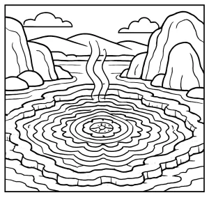 página para colorear de onsen japonés con minerales formando mandalas y ondas en el agua