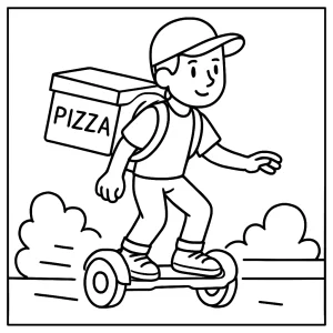 página para colorear de un repartidor en hoverboard entregando pizza