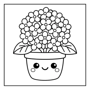 Hortensia kawaii en maceta página para colorear gratis para niños