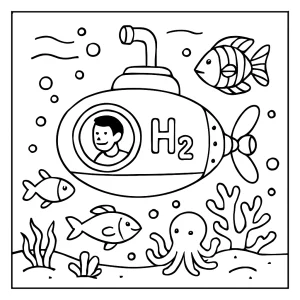 Ilustración de submarino de hidrógeno en safari marino, página para colorear para niños