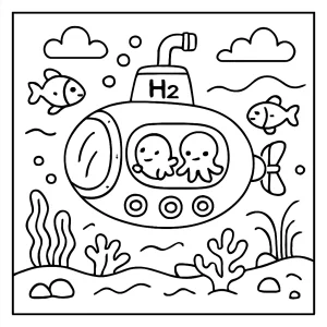 página para colorear de submarino de hidrógeno en safari marino bajo el agua para imprimir gratis