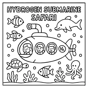 Página para colorear de submarino de hidrógeno explorando el fondo marino con peces y corales.