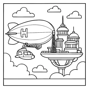 Página para colorear de un dirigible retro atracando en un puerto flotante futurista en el cielo