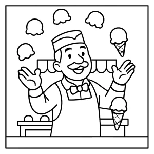 página para colorear de un heladero malabarista con bolas de helado para imprimir gratis