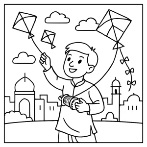 Página para colorear de niños volando cometas en el festival indio de Makar Sankranti