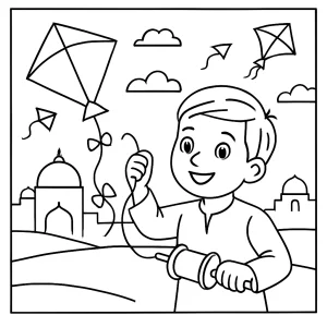 Página para colorear de cometas volando en el festival indio Makar Sankranti
