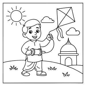 página para colorear de niños volando cometas en el festival Makar Sankranti de India