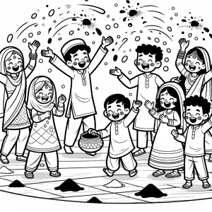 Página para colorear de niños celebrando Holi lanzando polvos de colores