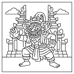 page de coloriage gratuite représentant un danseur Barong balinais sous un portail de temple traditionnel à Bali