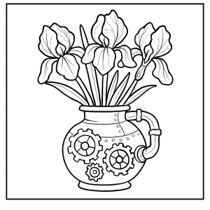 Página para colorear de un jarrón steampunk con flores de iris, ideal para imprimir y colorear en casa.
