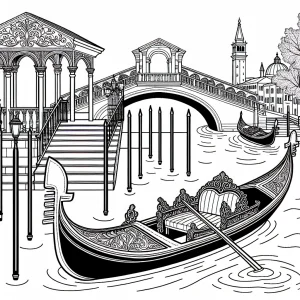 page de coloriage gratuite représentant une gondole italienne passant sous un pont vénitien