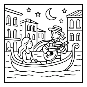 Página para colorear de una góndola italiana con serenata al atardecer en Venecia