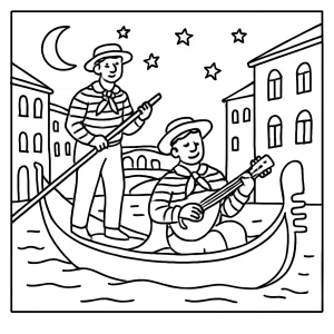 Página para colorear de una serenata en góndola en Venecia al atardecer