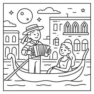 página para colorear de una góndola en Italia con músicos al atardecer
