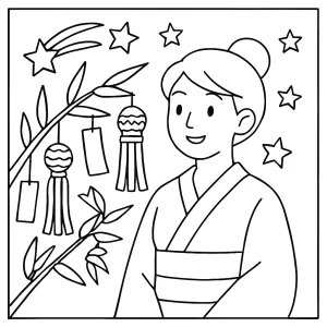 Tanabata Japón página para colorear con estrellas, bambú y deseos para imprimir