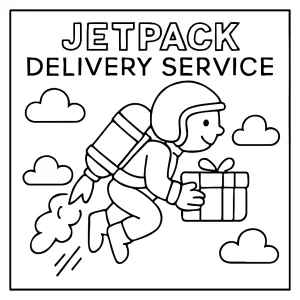 Página para colorear de un repartidor con jetpack volando sobre la ciudad
