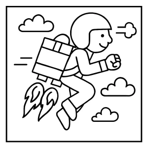 Página para colorear de servicio de entregas con jetpack volando sobre la ciudad