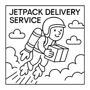 Jetpack Delivery Service página para colorear para imprimir y pintar, con repartidor volador llevando paquetes
