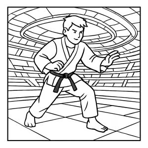 Página para colorear de atleta de judo en estadio futurista, lista para imprimir y colorear