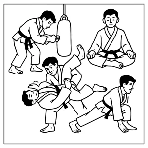 Página para colorear de un atleta de judo entrenando, ideal para imprimir y colorear