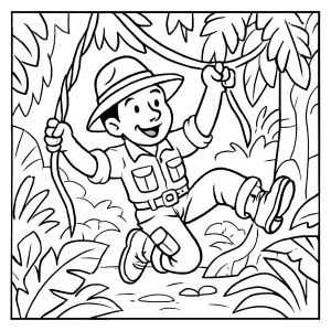 Malvorlage coloring page: Dschungel-Entdecker schwingt an Lianen durch den Dschungel zum Ausmalen