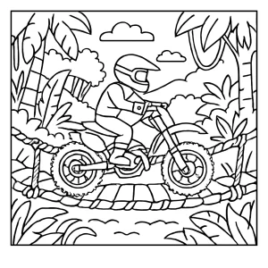 Motocross Dschungelbrücke Malvorlage - coloring page mit Fahrer auf Lianenbrücke im Dschungel zum Ausmalen