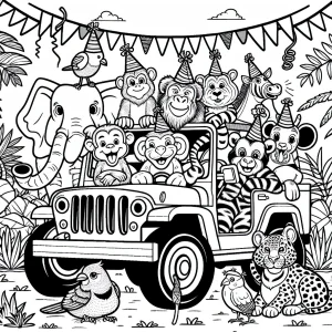 Safari de Cumpleaños en Jeep página para colorear con animales de fiesta en la jungla