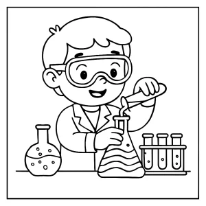 Página para colorear de un pequeño químico mezclando líquidos de colores en un laboratorio, perfecta para imprimir gratis