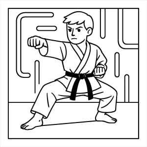 Página para colorear de un atleta de karate bajo luces de neón, imprimible gratis
