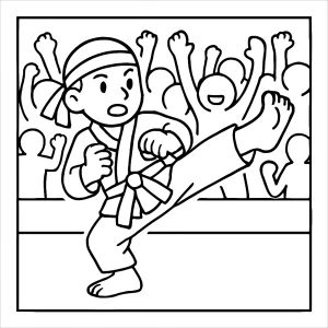 página para colorear de un atleta de karate con público animando
