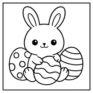 Página para colorear de un conejito kawaii de Pascua con huevos decorados, imprimible y gratis.