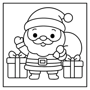 página para colorear de Santa Claus kawaii con regalos, ideal para imprimir y pintar en Navidad