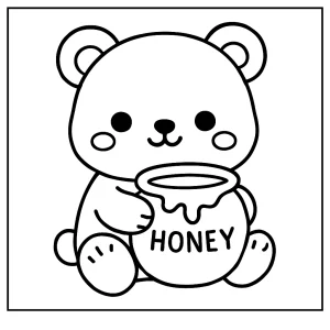 Osito kawaii sosteniendo un tarro de miel, página para colorear para imprimir gratis