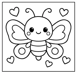 Página para colorear de mariposa kawaii con corazones, ideal para niños