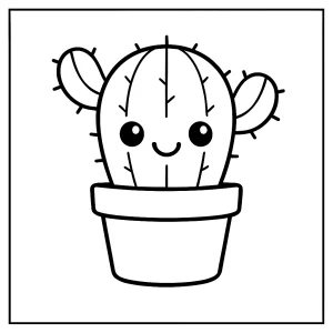 Página para colorear de cactus kawaii sonriente, imprimible gratis para niños