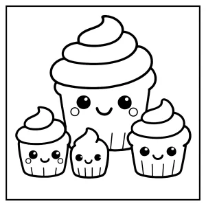 Familia de cupcakes kawaii, página para colorear para imprimir gratis para niños