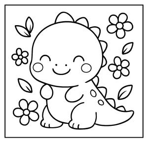 Página para colorear de un dinosaurio kawaii sonriendo y rodeado de flores, lista para imprimir y colorear.
