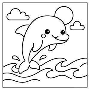 Página para colorear de un delfín kawaii saltando en el océano, ideal para imprimir y colorear gratis