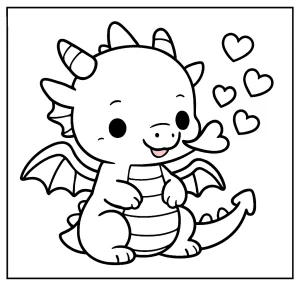 Página para colorear de un dragón kawaii lanzando corazones, ideal para imprimir y colorear niños y niñas