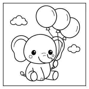 Página para colorear de elefante kawaii con globos, imagen imprimible para niños