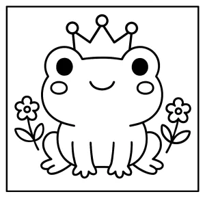 Página para colorear de rana kawaii con corona lista para imprimir y colorear por niños.