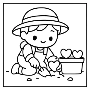 Página para colorear de jardinero kawaii plantando suculentas en forma de corazón, ideal para imprimir y colorear en casa