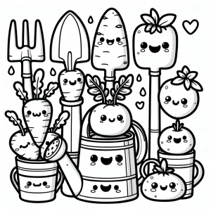 Página para colorear de herramientas de jardín Kawaii y verduras sonrientes para niños