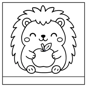 Página para colorear de un erizo kawaii con una manzana, diseño adorable para imprimir y colorear gratis