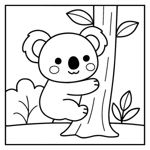 Koala kawaii abrazando un árbol página para colorear para imprimir gratis