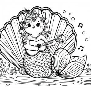 página para colorear de un gato sirena kawaii tocando ukelele sobre una concha, rodeado de magia marina