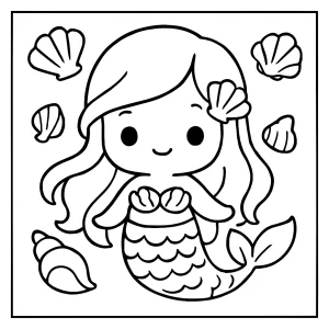 Sirena kawaii rodeada de conchas marinas, página para colorear para imprimir gratis