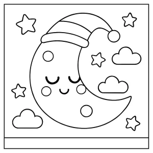 Página para colorear de luna kawaii durmiendo, ideal para imprimir y colorear gratis