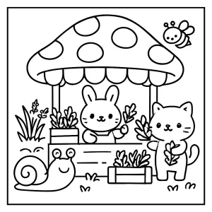 página para colorear de mercado de hongos kawaii con animalitos vendiendo hierbas